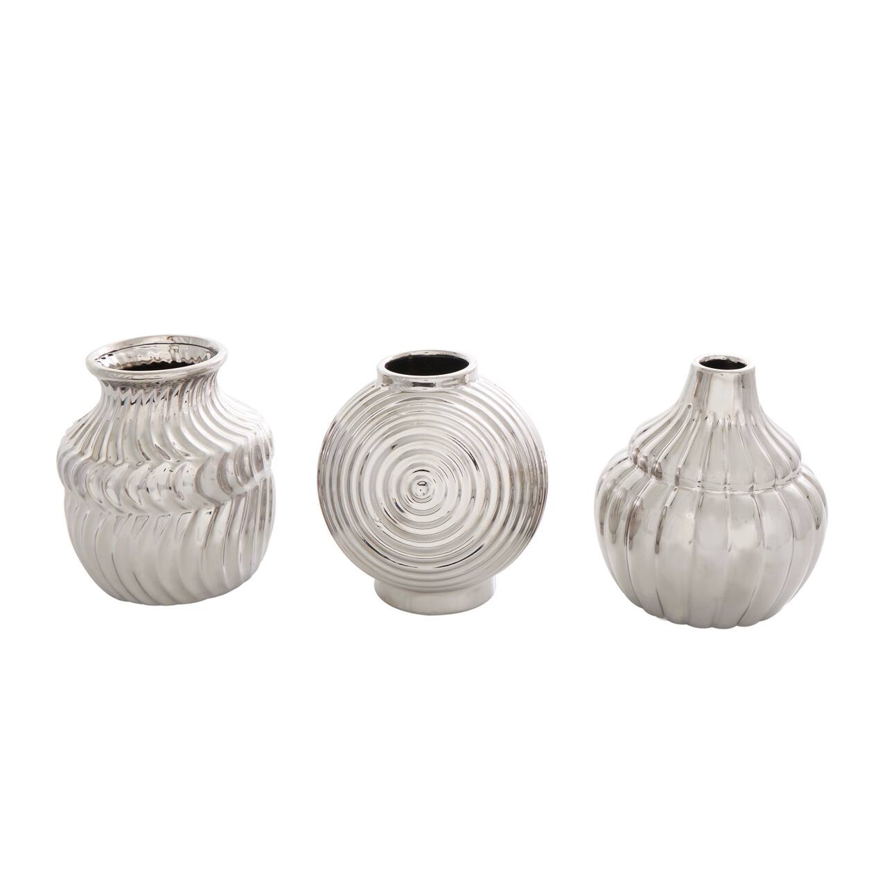 Silver Ceramic Abstract Textured Vase Set